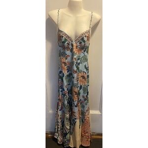 FARM Rio Blue Floral Maxi Dress with Green and Peach Accents